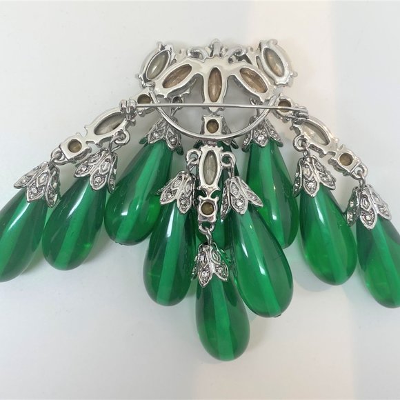 Exquisite Tear Drop Green Glass, Silver Tone Crystal Rhinestones Pin Brooch - Picture 3 of 5